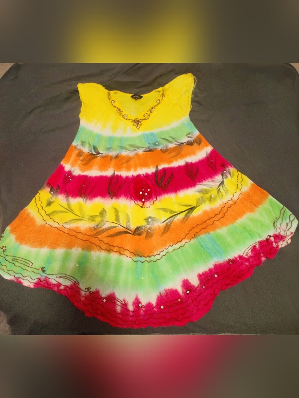 Vibrant Multicolor Tie-Dye Boho Dress with Embellished Neckline